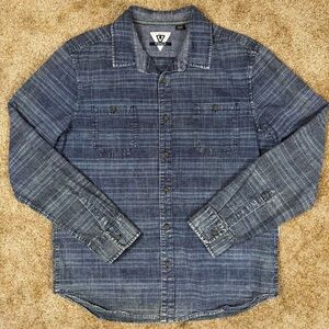 Vissla Lacerations Flannel Navy Blue Button Down Shirt Medium Coastal Casual EUC